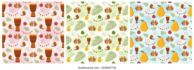 Set of Happy Kwanzaa Holiday African Seamless Pattern Design with Festival Style Element on Template Hand Drawn Cartoon Flat Illustration