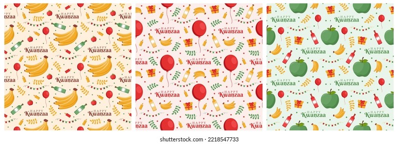 Set of Happy Kwanzaa Holiday African Seamless Pattern Design with Festival Style Element on Template Hand Drawn Cartoon Flat Illustration