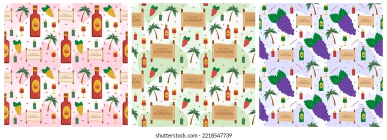 Set of Happy Kwanzaa Holiday African Seamless Pattern Design with Festival Style Element on Template Hand Drawn Cartoon Flat Illustration