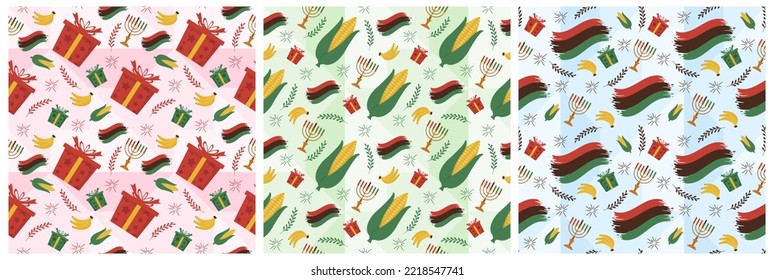 Set of Happy Kwanzaa Holiday African Seamless Pattern Design with Festival Style Element on Template Hand Drawn Cartoon Flat Illustration