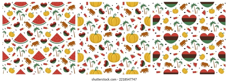 Set of Happy Kwanzaa Holiday African Seamless Pattern Design with Festival Style Element on Template Hand Drawn Cartoon Flat Illustration