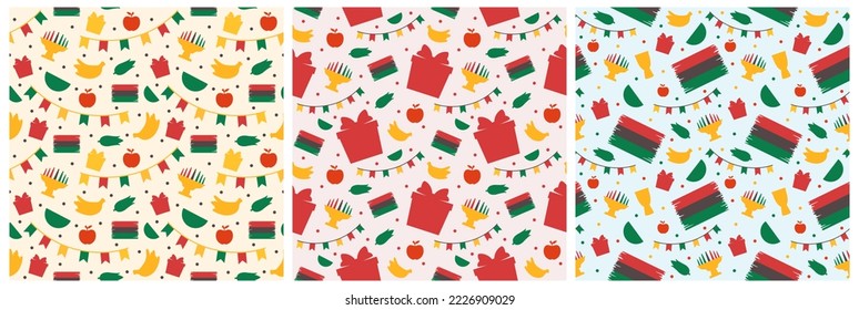 Set of Happy Kwanzaa Holiday African Seamless Pattern Design with Festival Style Element on Template Hand Drawn Cartoon Flat Illustration