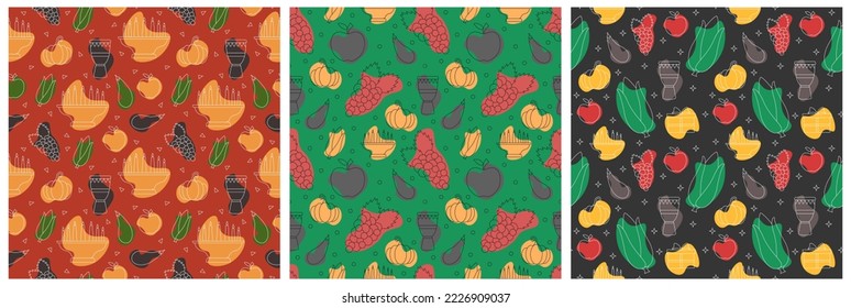 Set of Happy Kwanzaa Holiday African Seamless Pattern Design with Festival Style Element on Template Hand Drawn Cartoon Flat Illustration