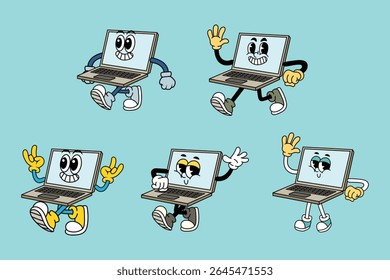 Set of Happy Laptop in Various Poses Character Cartoon Illustration Retro style