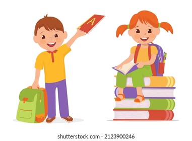 Set of a happy little boy with a briefcase and a notebook and a reading girl with a briefcase sitting on a stack of books. Vector flat illustration