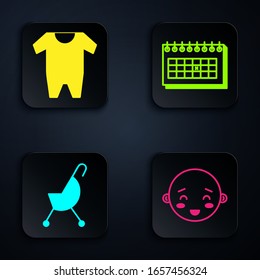 Set Happy little boy head, Baby clothes, Baby stroller and Calendar. Black square button. Vector
