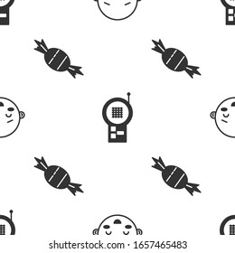 Set Happy little boy head, Baby Monitor Walkie Talkie and Candy on seamless pattern. Vector