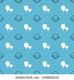 Set Happy little boy head and Balloons in form of heart on seamless pattern. Vector
