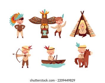 Set of happy little children playing Indians. Children wearing tribal native American indian costumes and feathered headgears cartoon vector illustration