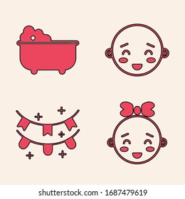 Set Happy little girl head, Baby bathtub, Happy little boy head and Carnival garland with flags icon. Vector