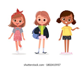 Set of happy little girl kids in different clothes casual outfit. Group of stylish fashionably wear dressed girls teenagers. Children baby fashion. Cartoon characters school children pupil. Vector.