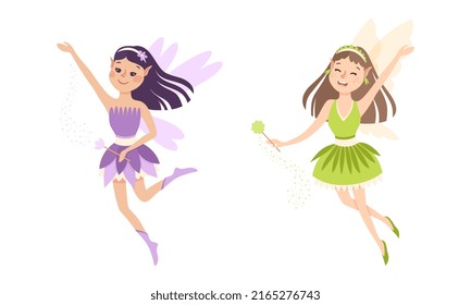 Set of happy little girls elves in purple and green dress with wings vector illustration