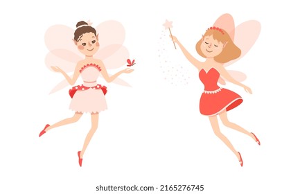Set of happy little girls fairies in colorful dress with wings and magic wand vector illustration