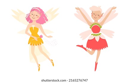 Set of happy little girls fairies in orange and red dress with wings vector illustration