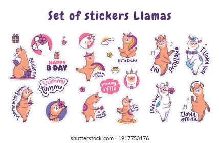 The set of happy llamas alpaca for stickers, t-shirt designs. Cartoonish animal with lettering phrases. This composition is a vector illustration