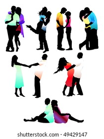 Set of happy love couple silhouettes. Vector Illustration. Boys and girls