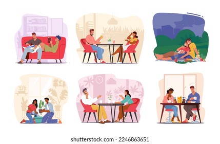 Set Happy Loving Couple Characters Relations and Sparetime. Young Man and Woman Reading Books, Dining, Romantic Date, Planting Flower, Meet in Cafe Together. Cartoon People Vector Illustration