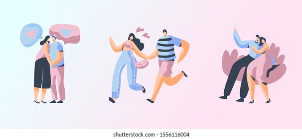 Set of Happy Loving Couples Sparetime. Cheerful Man and Woman Characters Spend Time Together Hugging Having Fun Rejoice Dating. Love and Human Relations, Togetherness. Cartoon Flat Vector Illustration