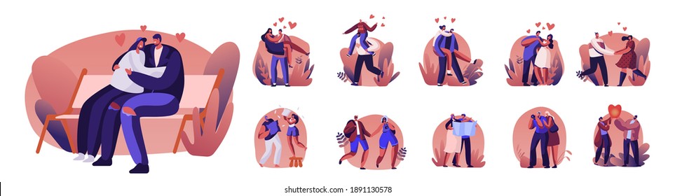 Set of Happy Loving Couples Sparetime. Cheerful Men Hold Women on Hands. Characters Spend Time Together and Rejoice with Hearts around. Love Relation, Togetherness. Cartoon People Vector Illustration
