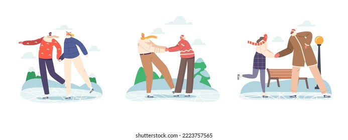 Set Happy Loving Couples in Warm Clothes Skating Outdoors on Frozen Pond or Winter Park Ice Rink. Young Pairs Wintertime Holidays and Christmas Vacation Fun. Cartoon Vector Illustration