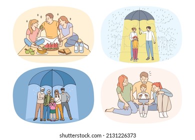 Set of happy loving family with children show unity and bonding in relationship. Bundle of smiling caring parents and kids spend time together enjoy leisure weekend. Flat vector illustration. 