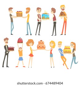 Set of happy and loving people celebrating anniversary with a festive cake colorful characters vector Illustrations