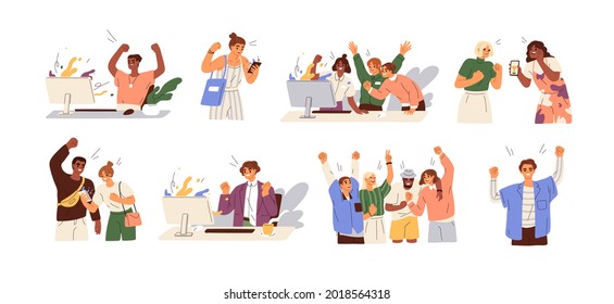 Set of happy lucky people celebrating success and victory. Concept of win, achievement and luck. Winners rejoicing their triumph. Colored flat graphic vector illustrations isolated on white background - Shutterstock ID 2018564318
