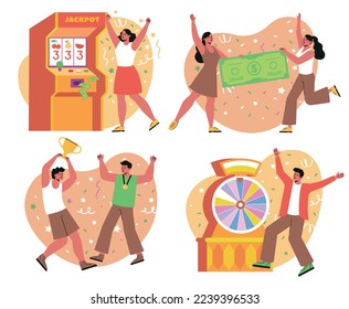 Set of happy lucky people. Men and women win game or championship and receive award, trophy or cup. Characters celebrate success or triumph. Cartoon flat vector collection isolated on white background