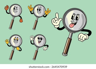 Set of Happy Magnifying Glass in Various Poses Character Cartoon Illustration Retro style