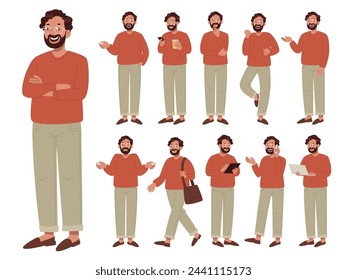 Set of happy male character in different poses on white background. A man with glasses thinks, rejoices, walks, points. Vector illustration in flat style