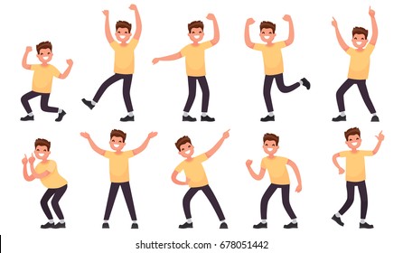 Set of a happy male character. Joyful emotions of a man. Vector illustration in a flat style