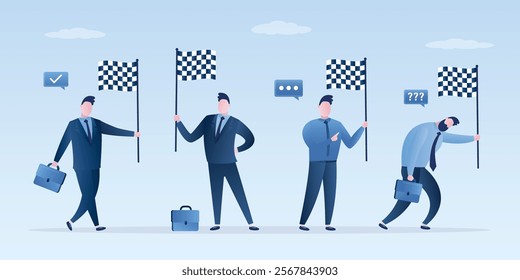 Set of happy male employees holding the finish flags. Confident businessman successfully completed task, job or lesson. Winner, rewarding, leader at finish line, victory. The end. vector illustration