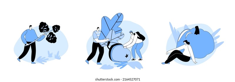 Set Happy Male and Female Characters Spend Time in Autumn Forest, People Pick Up Fallen Leaves, Mushrooms, Berries, Pumpkin Crop, Acorn. Fall Season Outdoor Activity. Cartoon Vector Illustration