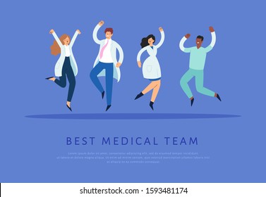 Set of happy male and female medicine workers jumping with raised hands in various poses. Joyful positive hospital medical specialists rejoicing together:  doctor, surgeon, physician, paramedic, nurse