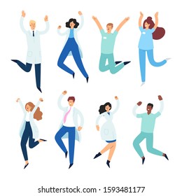 Set of happy male and female medicine workers jumping with raised hands in various poses. Joyful positive hospital medical specialists rejoicing together:  doctor, surgeon, physician, paramedic, nurse