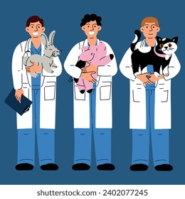 Set of happy male veterinarians with a variety of pets. Vector illustration of animal care. Flat style. Guys are veterinarians with animals in their arms pig, rabbit, cat. Veterinarian's Day
