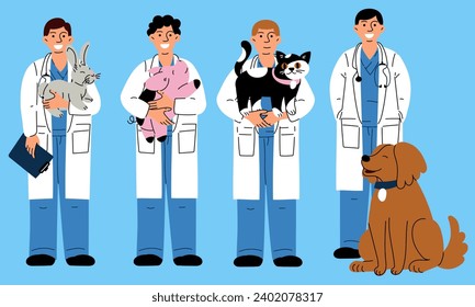 Un conjunto de felices veterinarios masculinos con una variedad de mascotas. Ilustración vectorial del cuidado animal. Estilo plano. Veterinarios con animales de cerdo, conejo, gato, perro de azul. Día Internacional de los Veterinarios