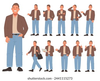 Set of happy man character in casual clothes in various poses on a white background. Male thinks, uses his phone and laptop, and speaks. Vector illustration in flat style