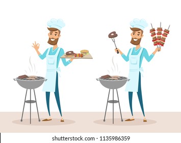 Set of happy man in chef hat grilling meat on barbecue grill and holding skewers. Vector  illustration isolated on white background. 