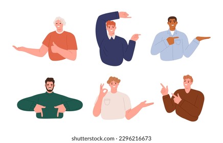 Set of happy man presenting with forefinger. Flat vector illustration isolated on white background
