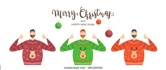 Set of Happy man in a Sweater with Deer show Thumbs Up. Lettering Merry Christmas and Happy New Year isolated on white background with Christmas ball. Illustration can be used for holiday design, card