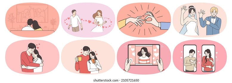 Set of happy man and woman communicate meet online on internet. Smiling couple fall in love, get engaged and marry. Relationship goal concept. Love and affection. Flat vector illustration. 