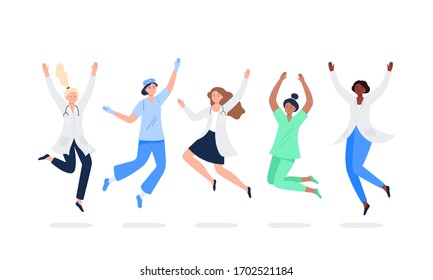 Set of happy medicine workers. Multicultural women jumping with raised hands in various poses. Doctors, surgeons, nurses rejoicing together. Characters in vector flat style.