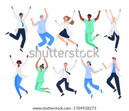 Set of happy medicine workers. Multicultural men and women jumping with raised hands in various poses. Doctors, surgeons, nurses rejoicing together. Characters in vector flat style.