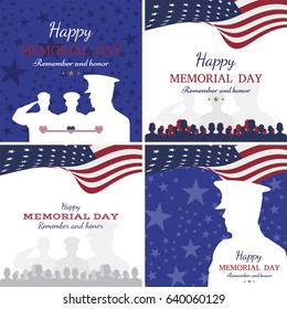 Set happy memorial day. Greeting cards with flag and soldier on background. National American holiday event.