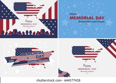 Set happy memorial day. Greeting cards with flag on background. National American holiday event.