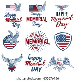 Set of Happy Memorial Day labels. Design elements for poster, emblem, greeting card. Vector illustrations