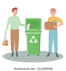 Conjunto de hombres felices clasificando y reciclando y reusando la basura. El concepto de basura cero. Montón de gente graciosa linda poniendo basura en basureros, basureros o contenedores. Ilustración vectorial plana