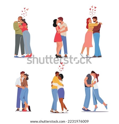 Set Happy Men and Women Kissing and Hugging. Loving Couples Romantic Relations Concept. Male Female Lovers Characters Dating, Love, Connection, Romance Feelings. Cartoon People Vector Illustration