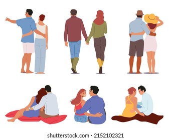 Set of Happy Men and Women Love, Embracing and Hugging Rear View. Loving Couples Hug, Walk, Sitting on Plaid. Romantic Relations Concept. Lovers Characters Dating. Cartoon People Vector Illustration